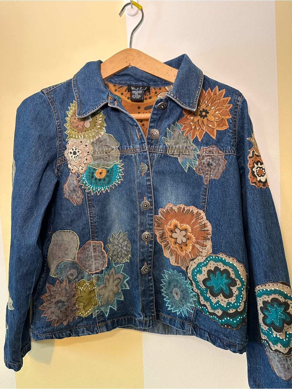 West End Petite Denim Jacket PM Blue Patchwork Floral Boho Art to Wear Crafty